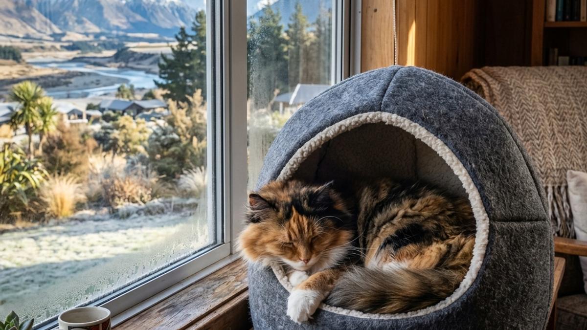 A fluffy cat curled up asleep in a cozy heated igloo cat bed placed on a windowsill in a New Zealand home in winter
