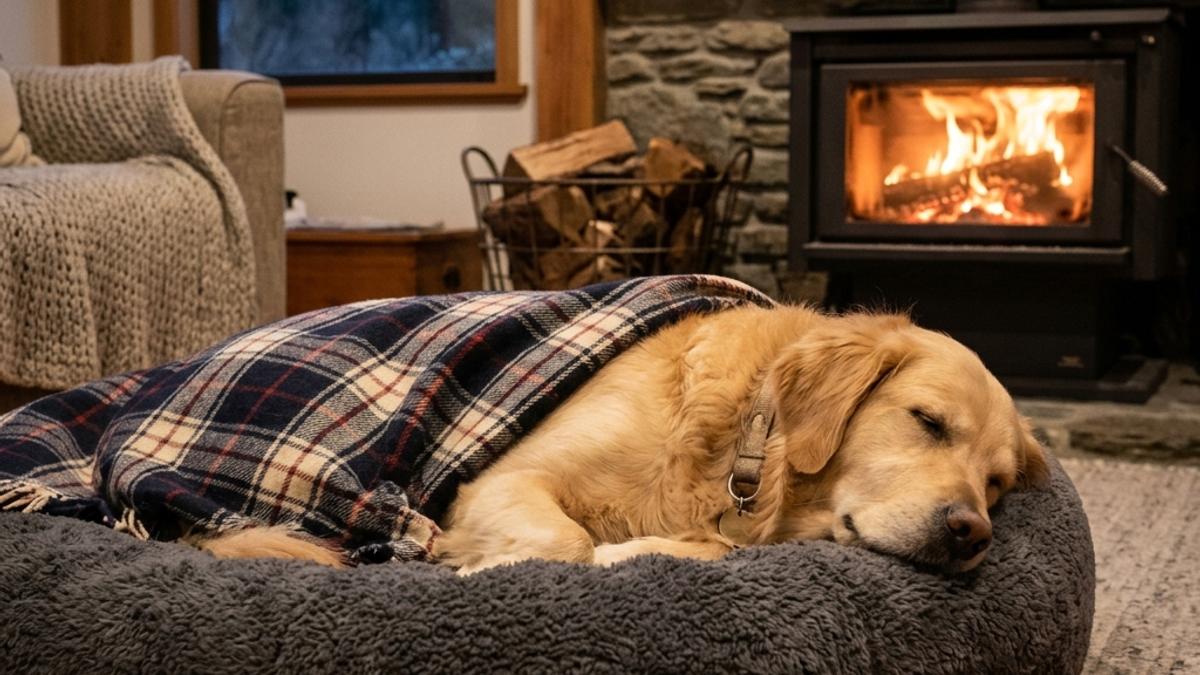A happy golden retriever curled up comfortably in a thick dog bed with a warm blanket next to a fireplace in NZ winter