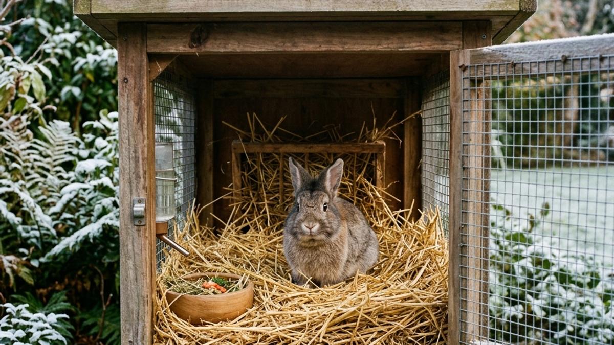 A fluffy rabbit inside a draft-proof wooden hutch filled with warm golden straw bedding in a winter New Zealand backyard