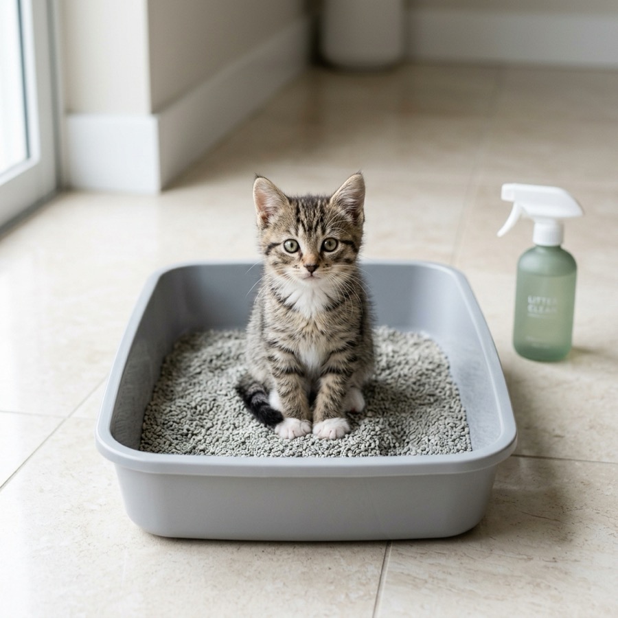 A tiny domestic kitten sitting inside a clean open litter tray in a modern New Zealand utility room