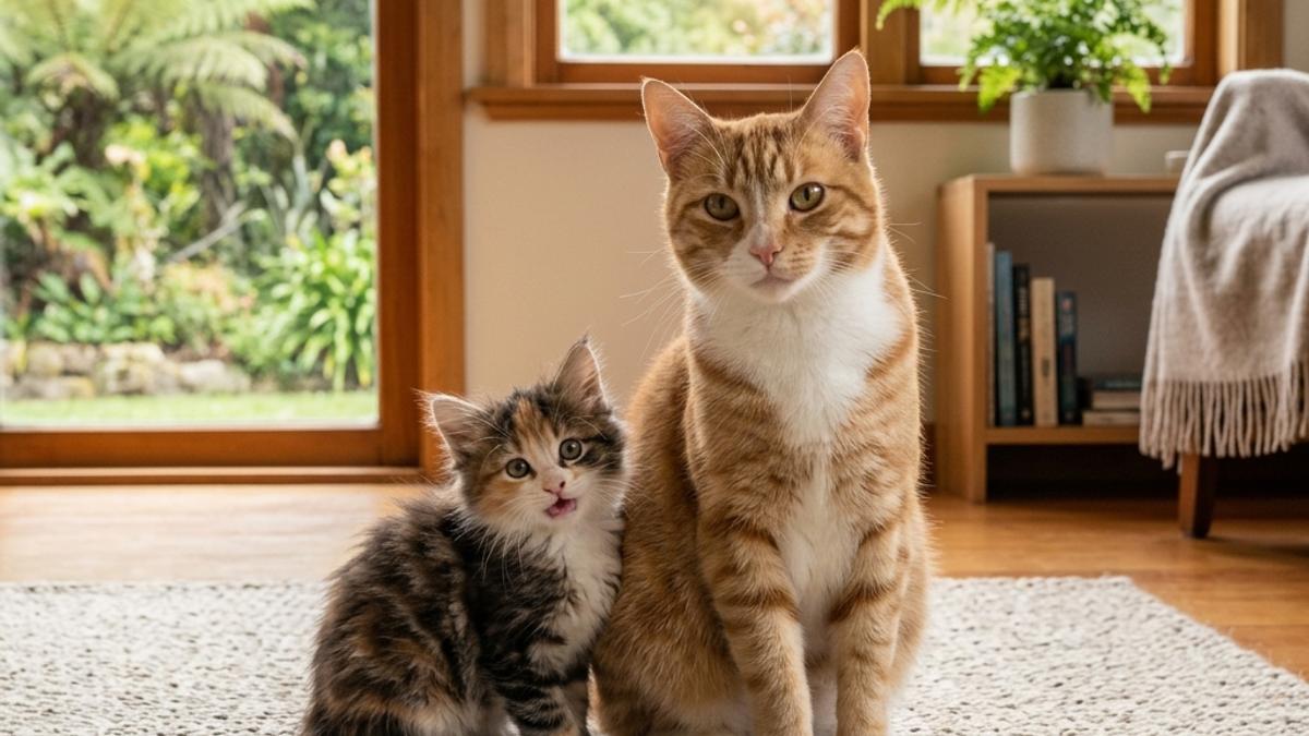A happy tiny kitten and a happy adult cat side by side inside a New Zealand home