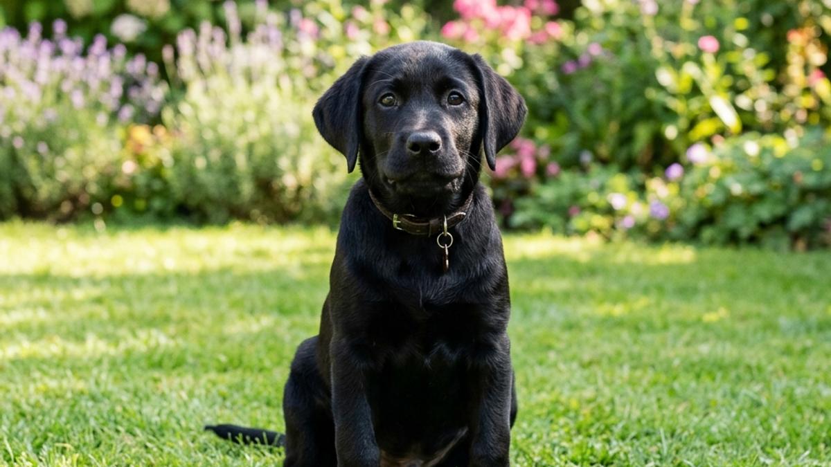 A healthy black Labrador Retriever puppy sitting on green grass in a sunny backyard garden
