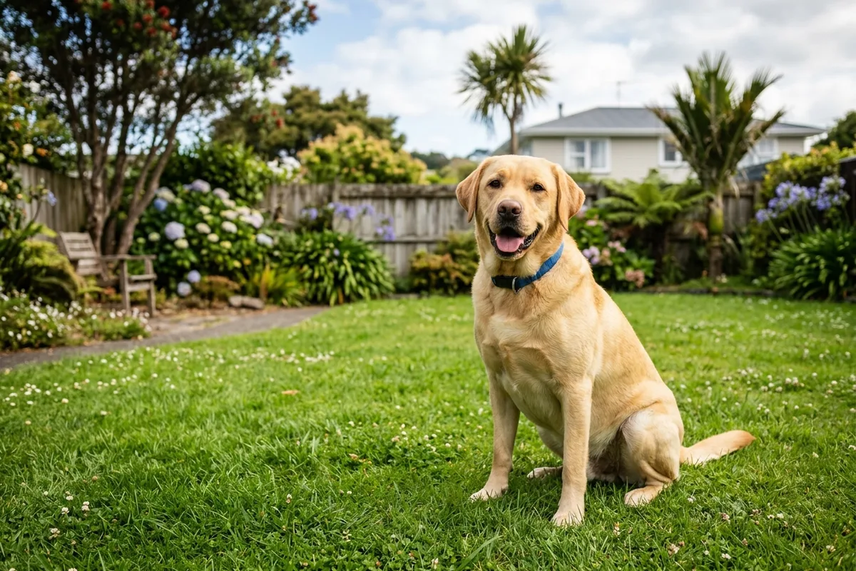 A healthy yellow Labrador Retriever dog sitting happily on a lush green lawn in a sunny residential garden surrounded by native plants