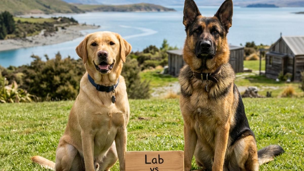 A golden labrador and german shepherd dog sitting side by side on grass next to a comparison card