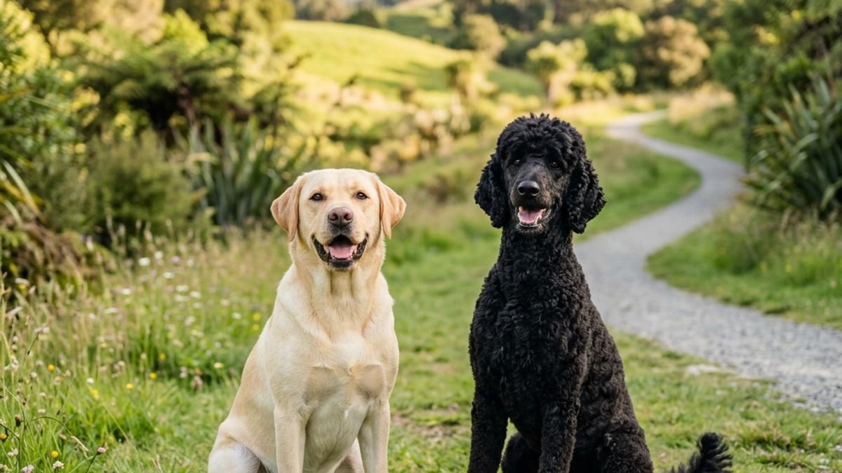 A happy Labrador Retriever and a Standard Poodle side by side in a New Zealand park path