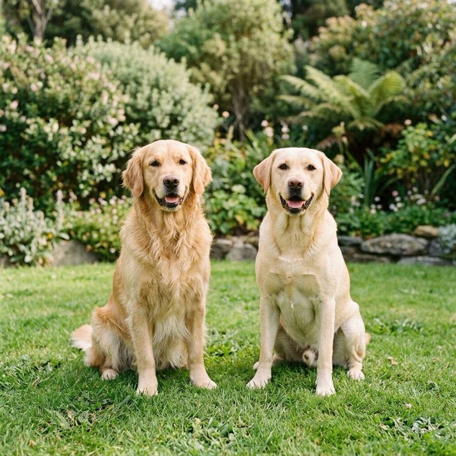 A golden retriever and a yellow labrador sitting side by side on a green lawn in a beautiful New Zealand garden