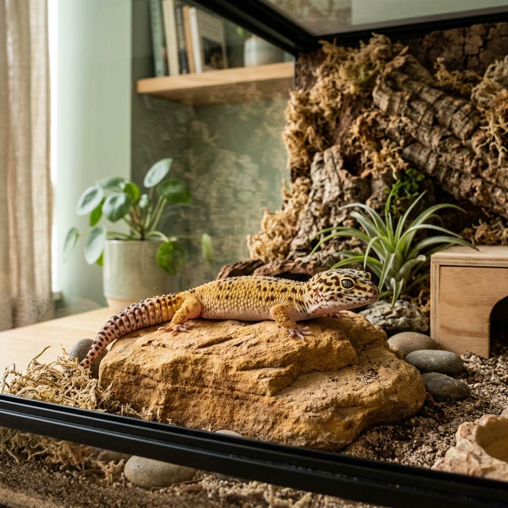 A leopard gecko resting on a warm rock inside a well-designed terrarium