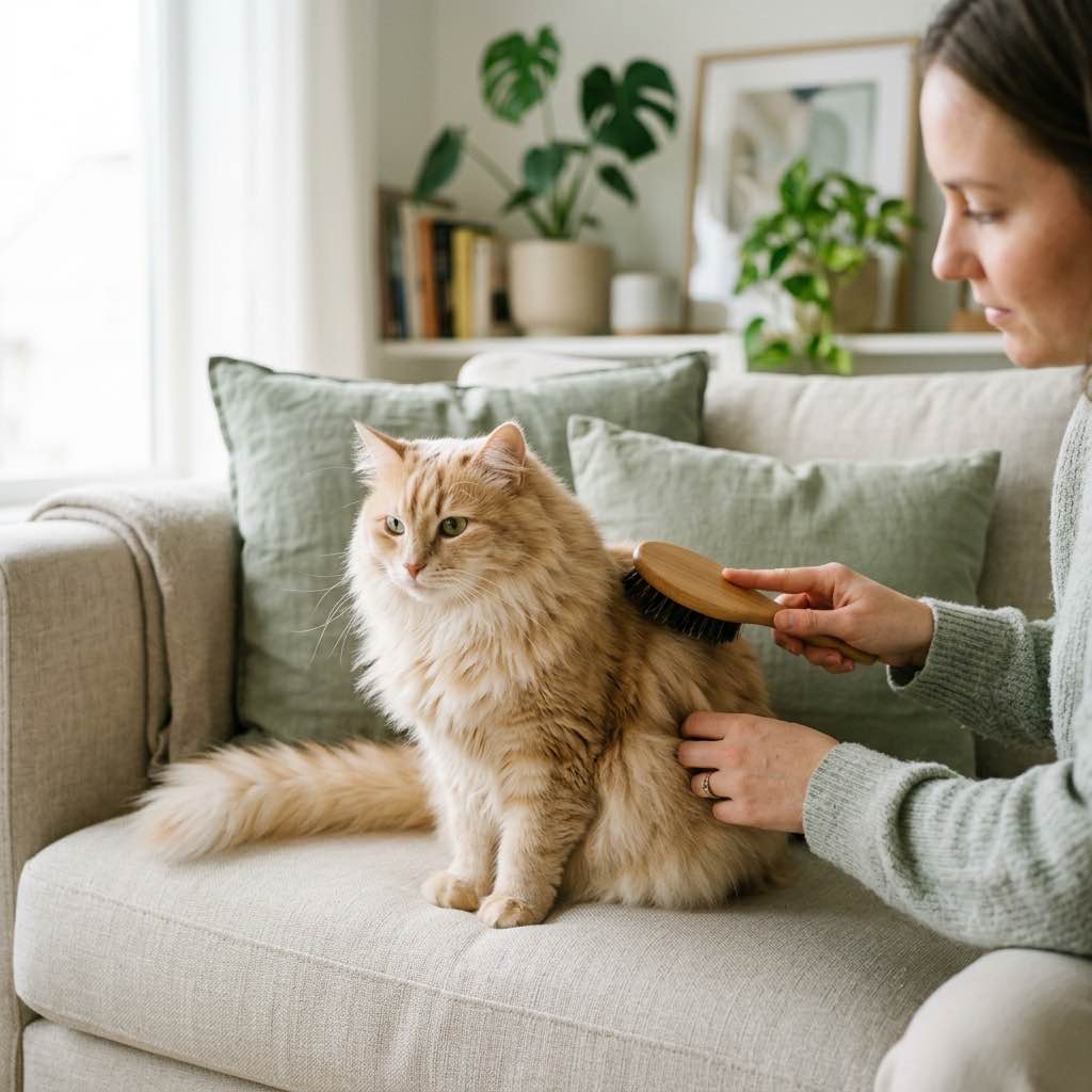 A beautiful fluffy long-haired cat being gently brushed on a clean sofa