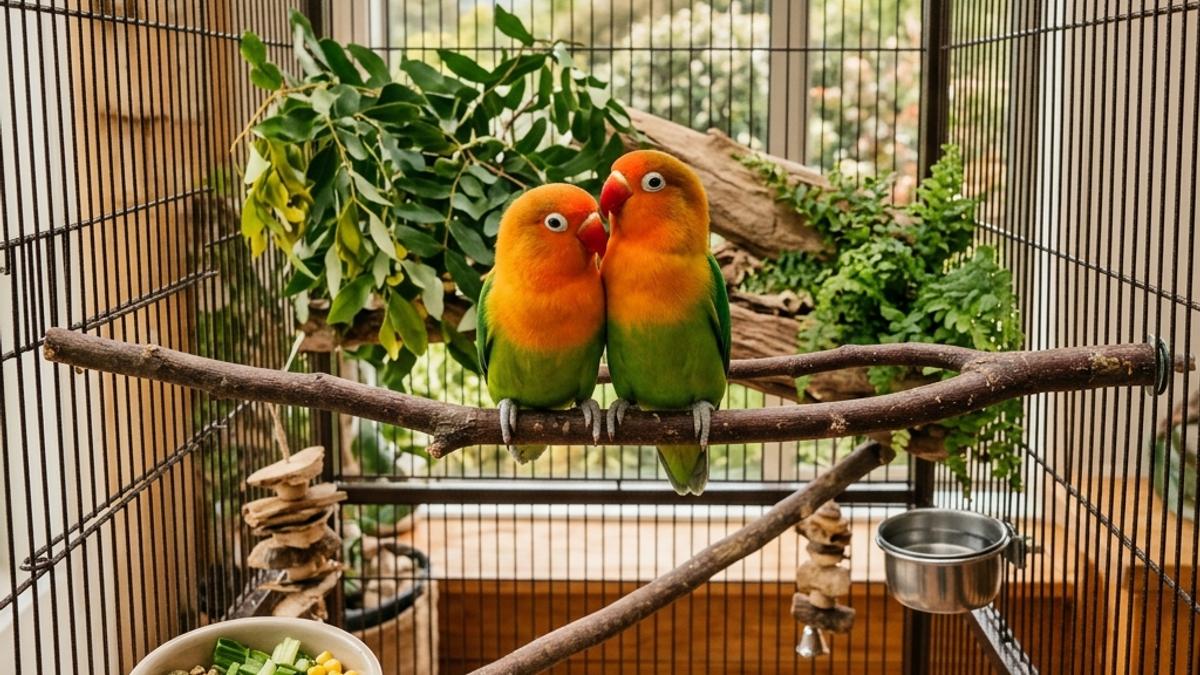 Two happy lovebirds perched side by side inside a cage with a garden view in New Zealand