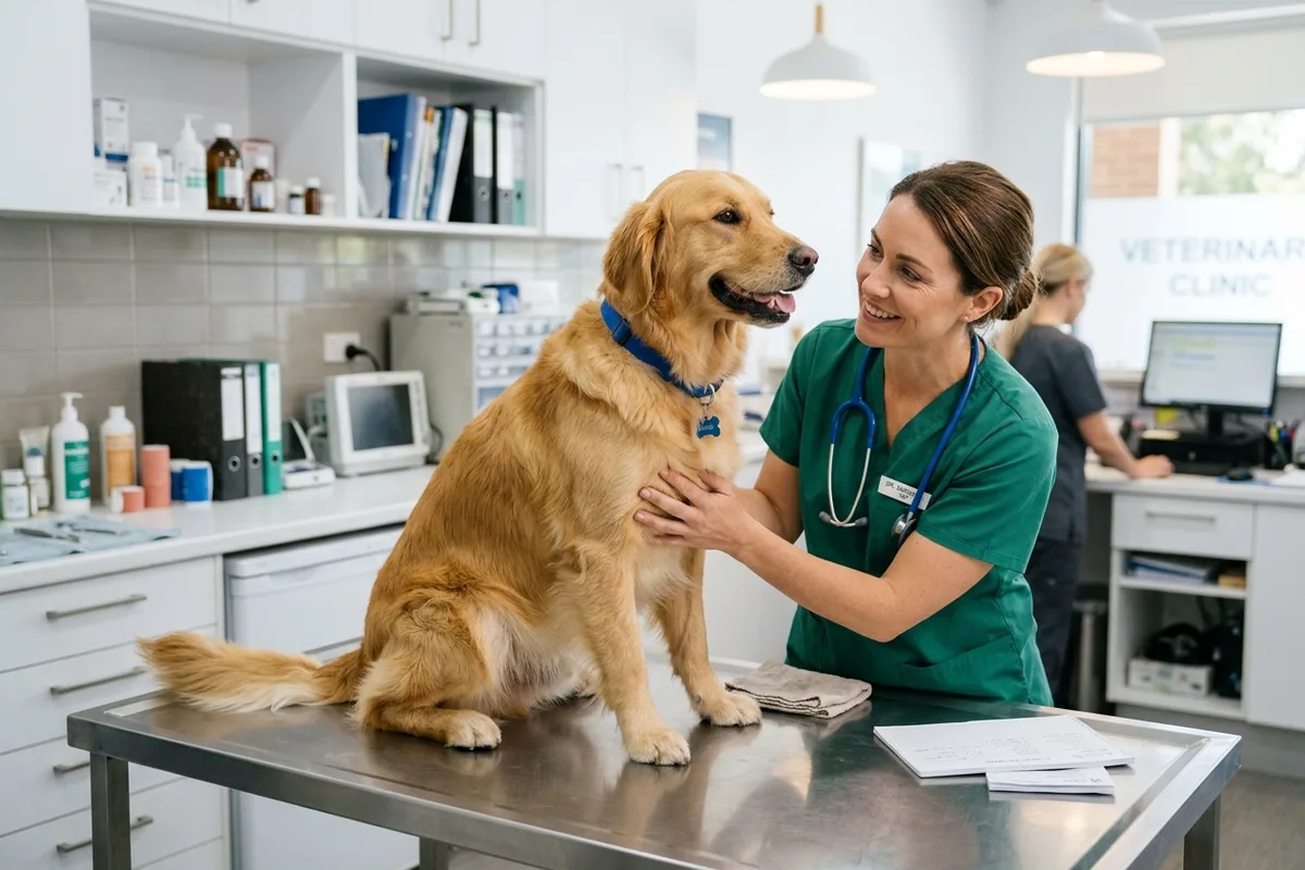 A dedicated veterinarian in scrubs gently examining a family dog with a stethoscope inside a modern clean community veterinary clinic