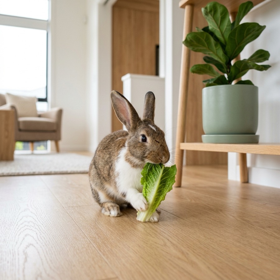 A small friendly domestic rabbit eating a fresh green leaf on a wooden floor in a New Zealand home