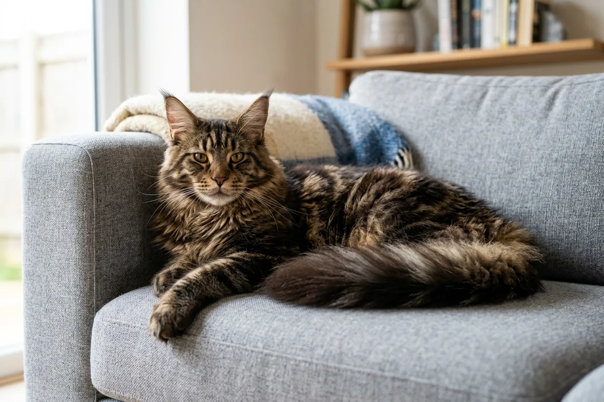 A majestic brown tabby Maine Coon cat with large tufted ears resting comfortably on a grey sofa