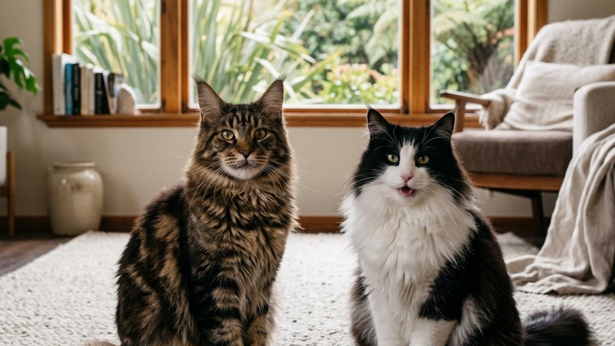 A happy Maine Coon cat and a Norwegian Forest Cat side by side on a rug inside a New Zealand home