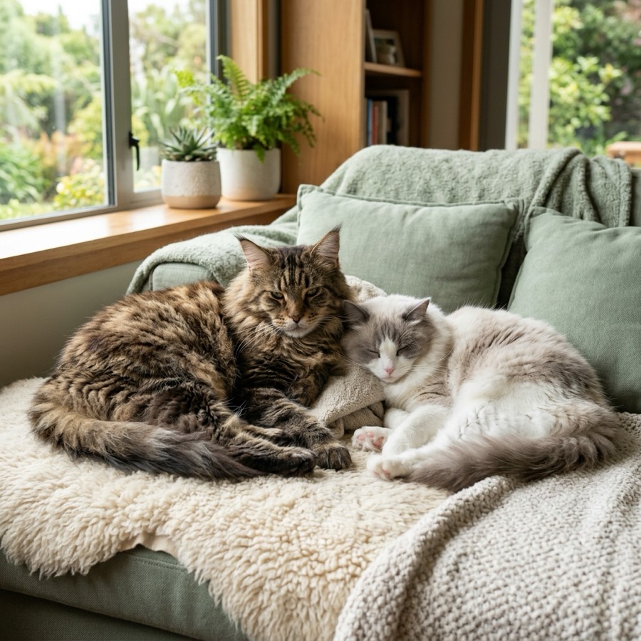 A fluffy Maine Coon and a soft Ragdoll cat resting peacefully together on a sofa
