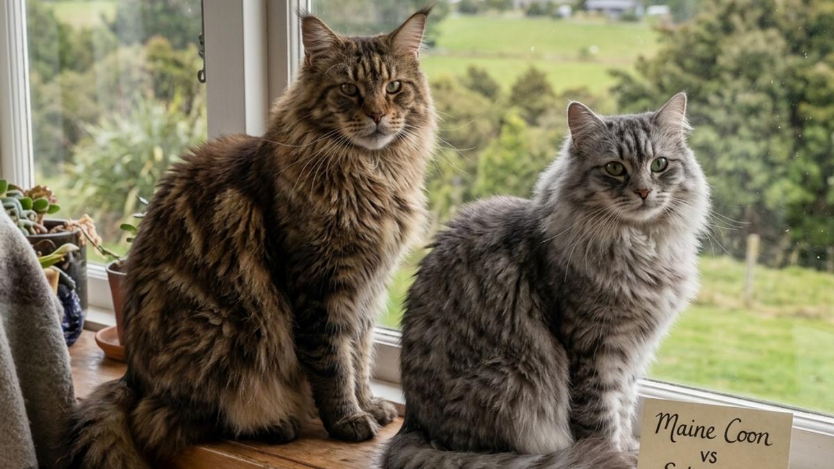 A large fluffy Maine Coon and thick-coated Siberian cat sitting on window sill next to a comparison card