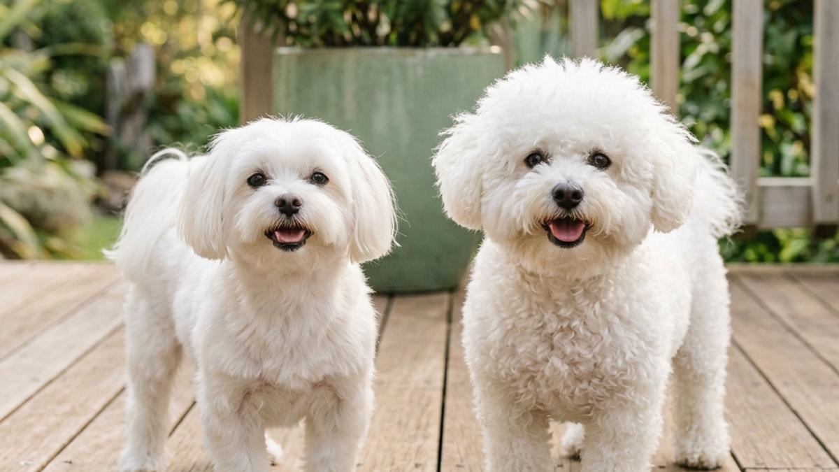 A happy Maltese and a fluffy white Bichon Frisé standing side-by-side on a warm wooden patio deck in New Zealand