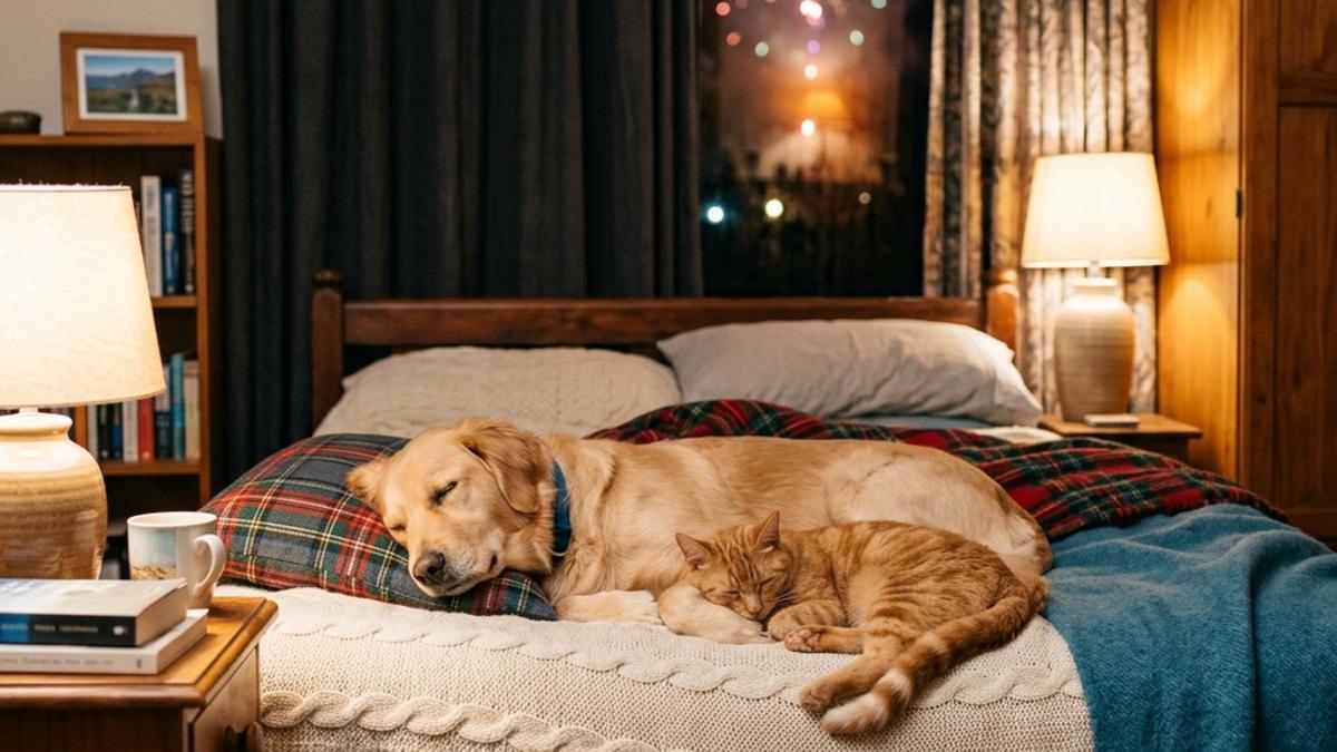 A dog and cat sleeping together peacefully on a bed during a fireworks night in a dark room