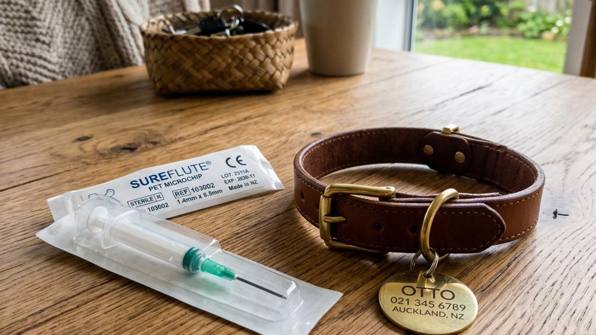 A sterile pet microchip syringe placed next to a brown leather dog collar with a brass ID tag on a wooden table