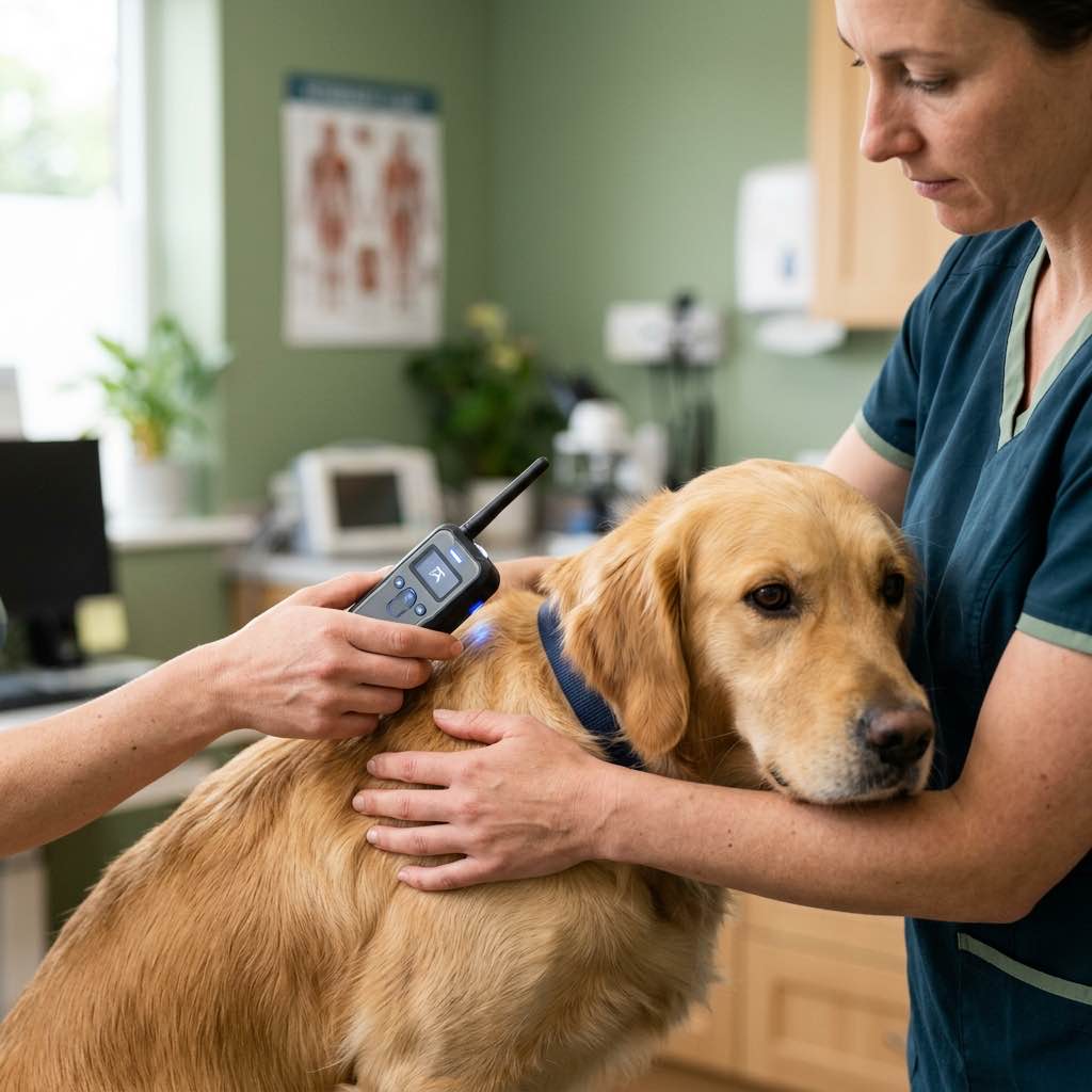 A veterinarian's hands gently holding a small scanner over a calm dog's shoulder
