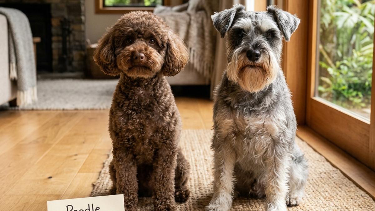 A brown poodle and pepper-and-salt schnauzer dog sitting on a rug next to a comparison card