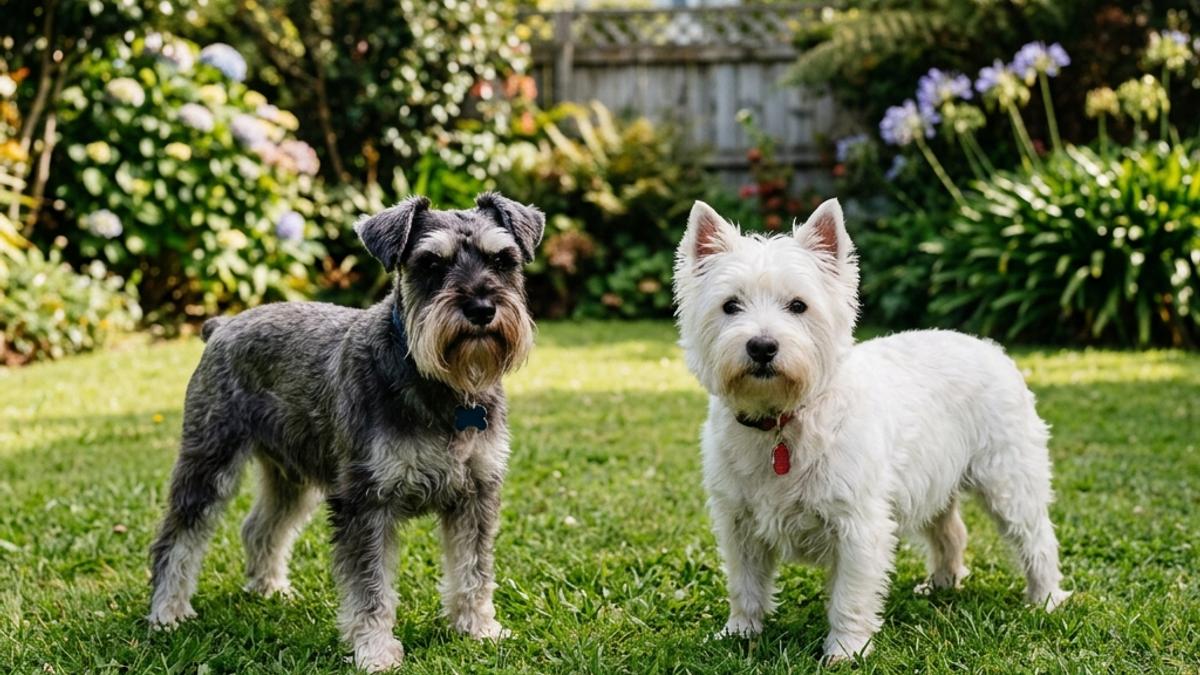 A comparison shot of grey Miniature Schnauzer and white Westie standing on garden lawn