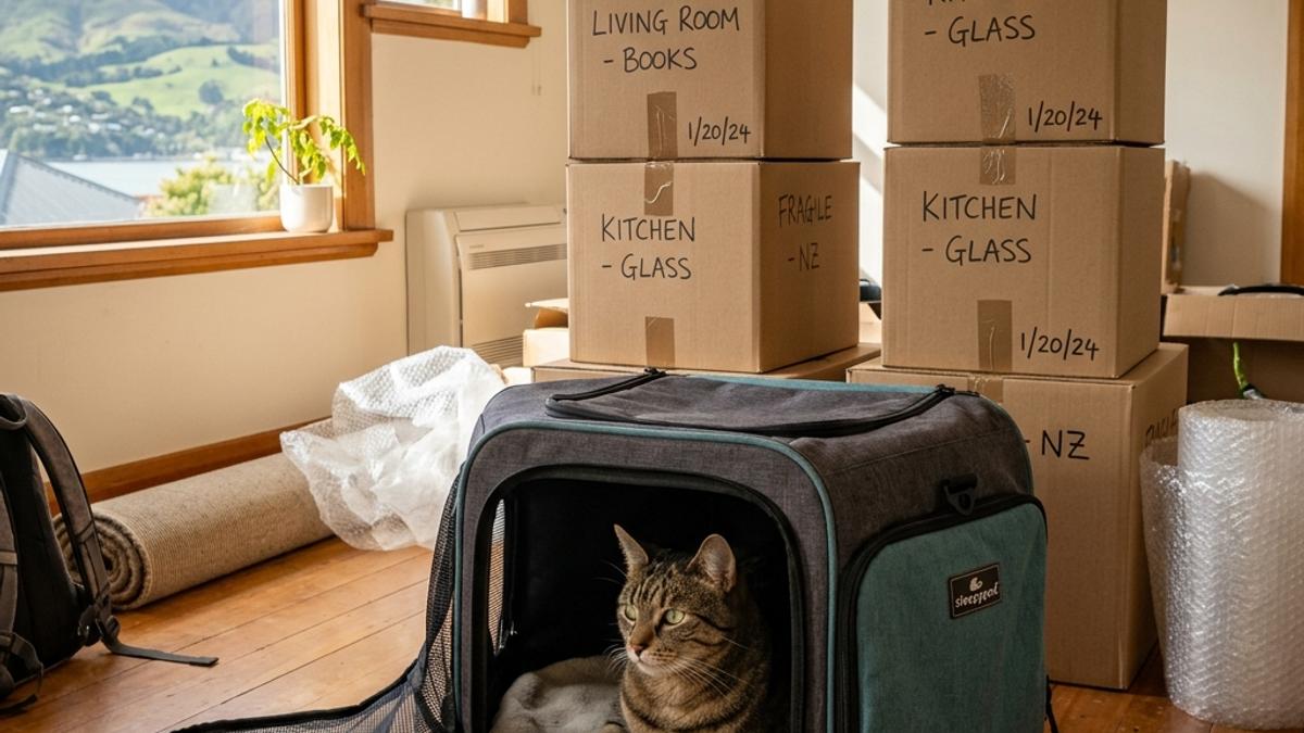 A cat lying calmly inside a secure fabric travel carrier next to stacked cardboard moving boxes