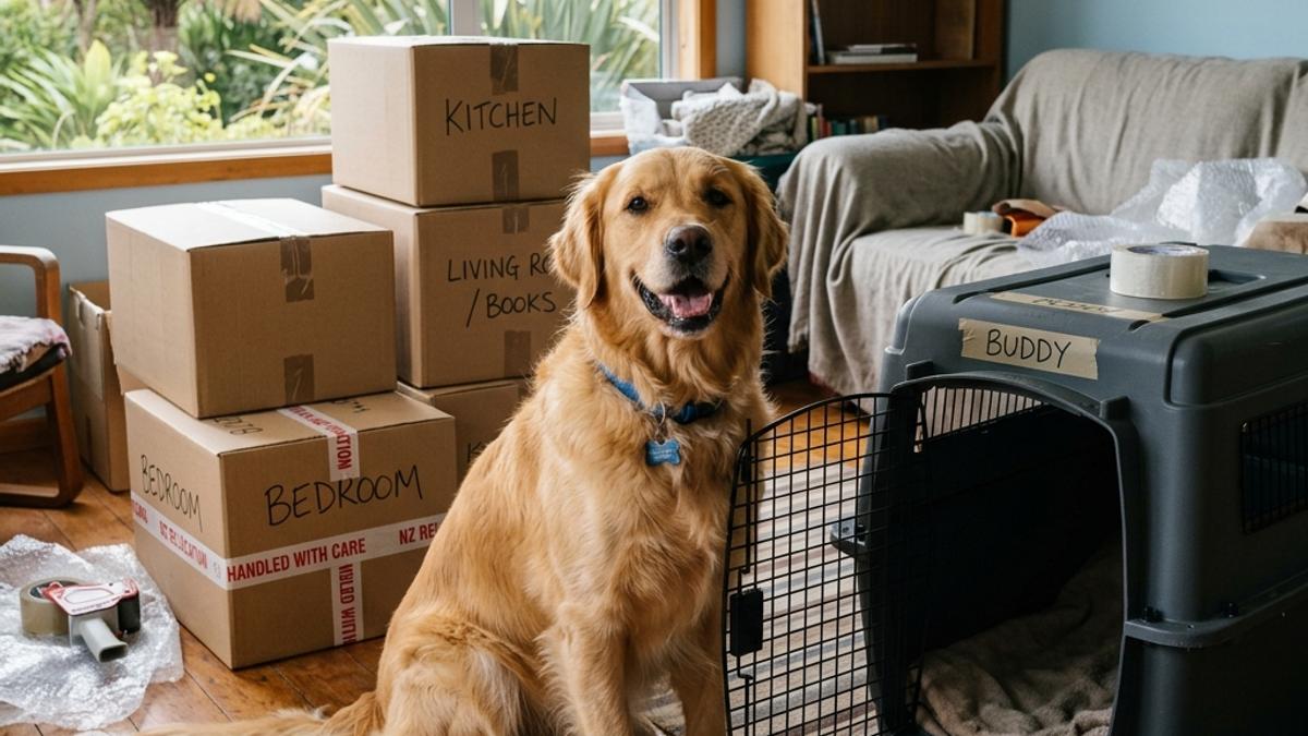 A golden retriever sitting happily next to an open plastic dog crate and sealed cardboard moving boxes