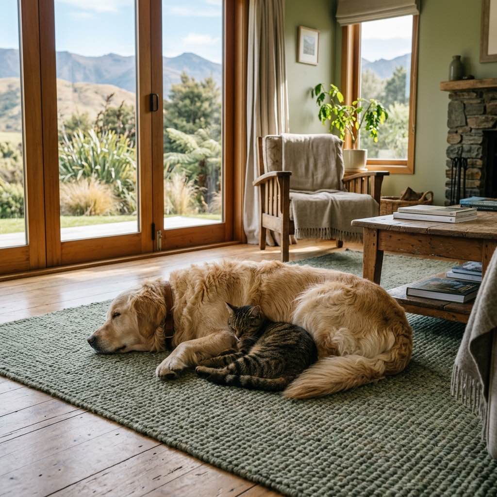 A dog and a cat resting peacefully together on a large comfortable rug in a sunlit home