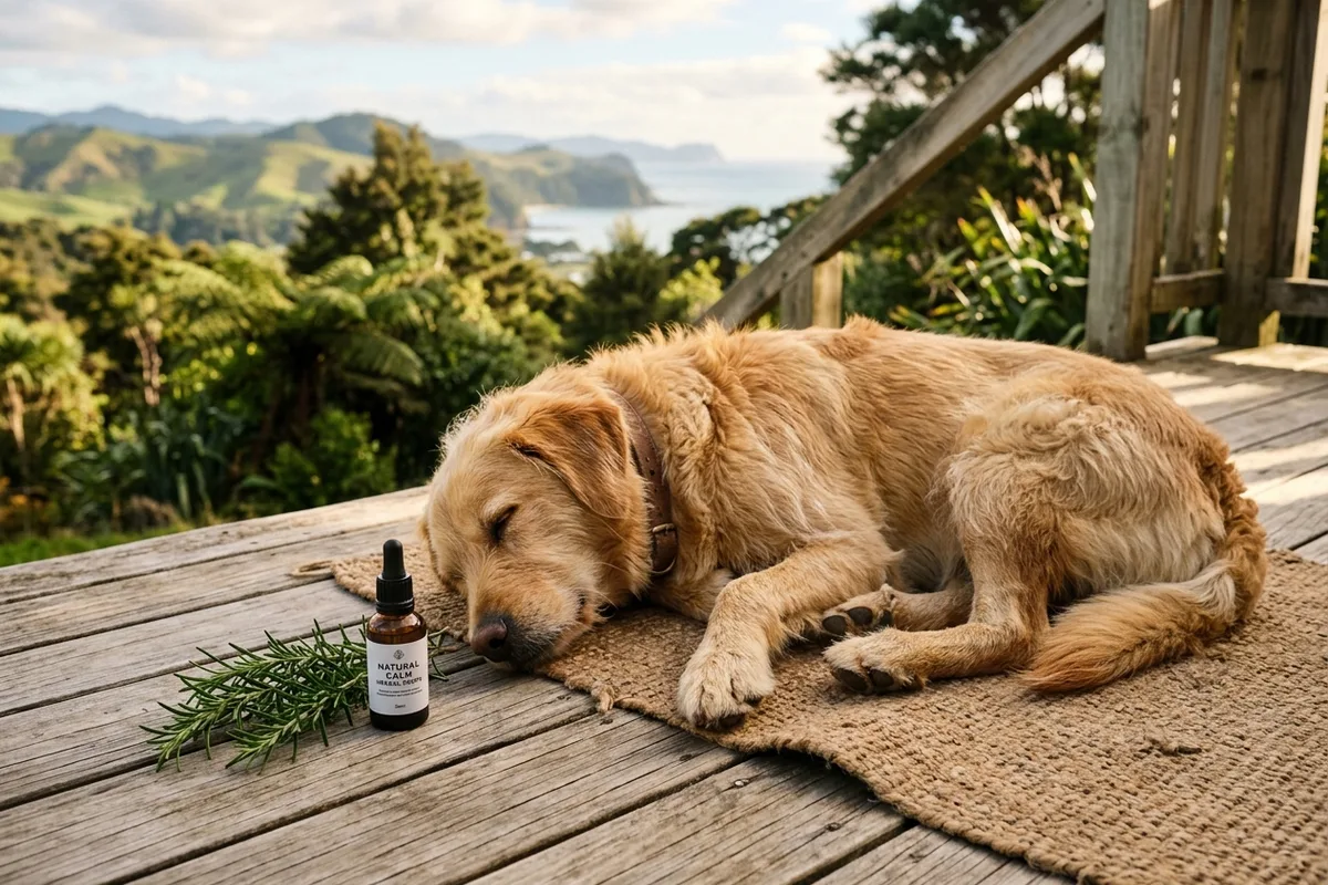 A calm golden mixed-breed dog resting peacefully on an outdoor wooden timber deck beside fresh rosemary and an herbal dropper bottle in soft natural daylight