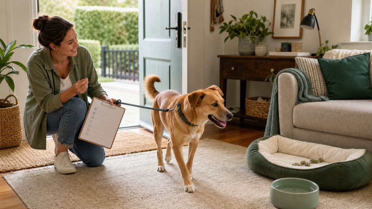 A newly adopted dog calmly exploring a home while their owner prepares essentials nearby