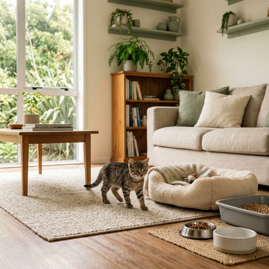 A small kitten cautiously exploring a cozy New Zealand living room