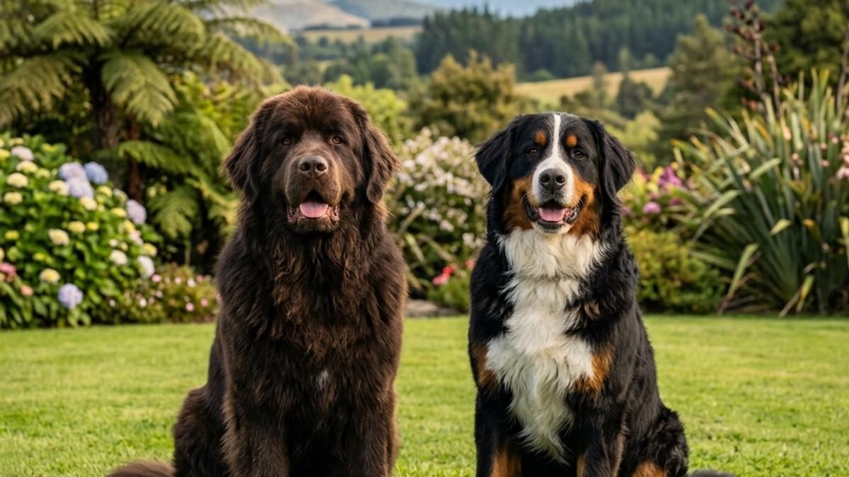 A happy Newfoundland dog and a Bernese Mountain Dog side by side in a New Zealand garden setting
