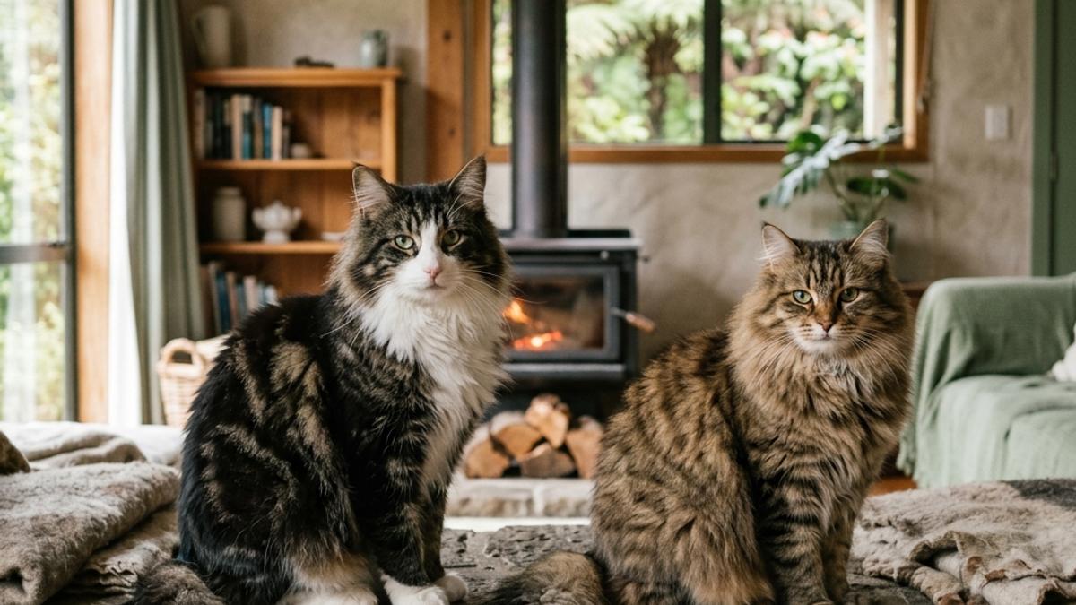 A large Norwegian Forest Cat and a fluffy Siberian cat sitting side-by-side on a stone hearth in a warm New Zealand home