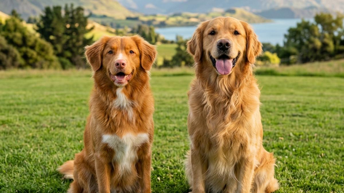 A happy Nova Scotia Duck Tolling Retriever and a Golden Retriever side by side in a New Zealand grassy lawn setting