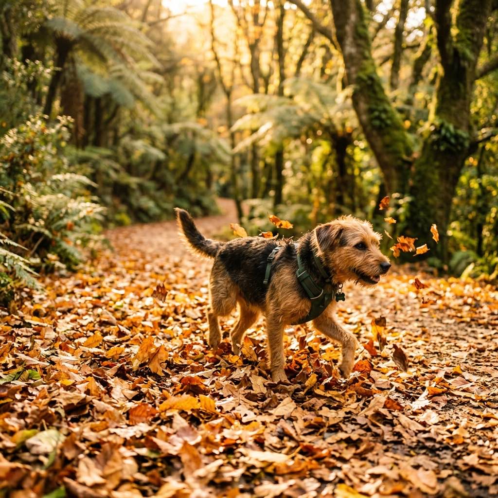 A dog walking through a pile of crisp autumn leaves in a New Zealand park