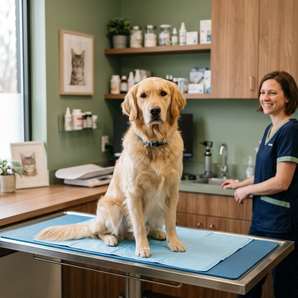 A healthy dog sitting calmly on a clean veterinary exam table