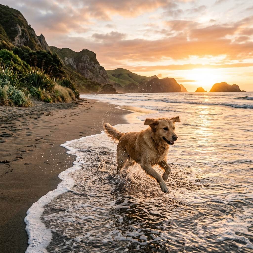 A joyful dog splashing in shallow water at a beautiful scenic beach at sunset