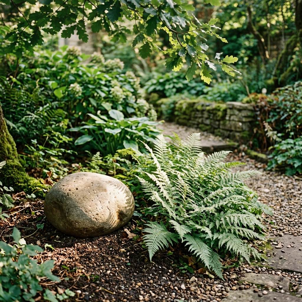 A beautiful serene outdoor garden corner with a gentle sunbeam shining on a smooth memorial stone