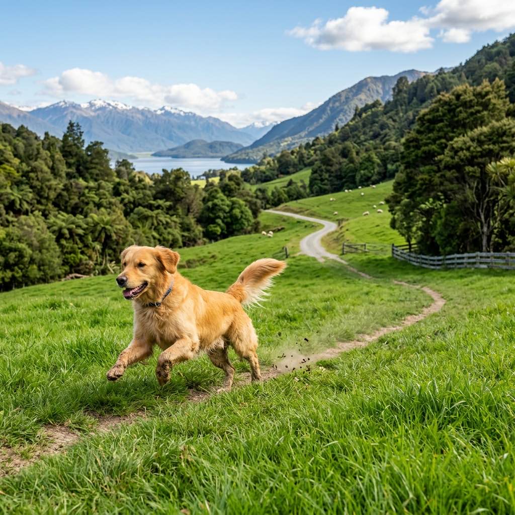 A happy healthy dog running through a lush green New Zealand park