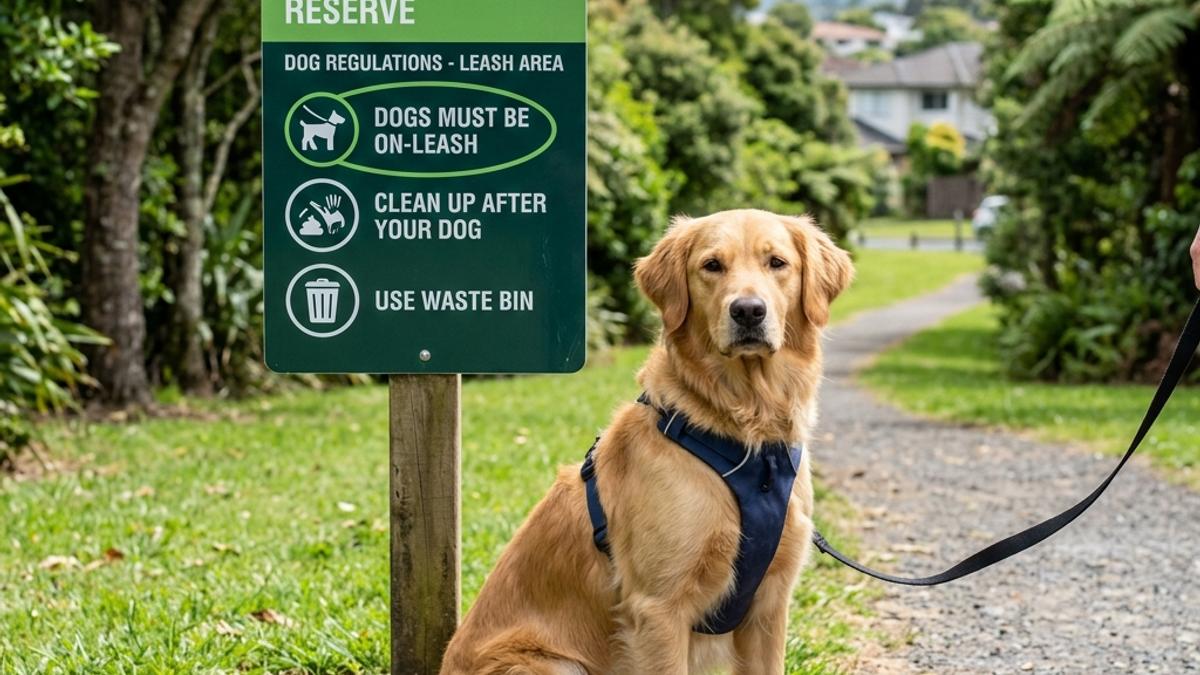 A dog sitting on a leash next to an official green council park sign outlining dog leash rules in Auckland