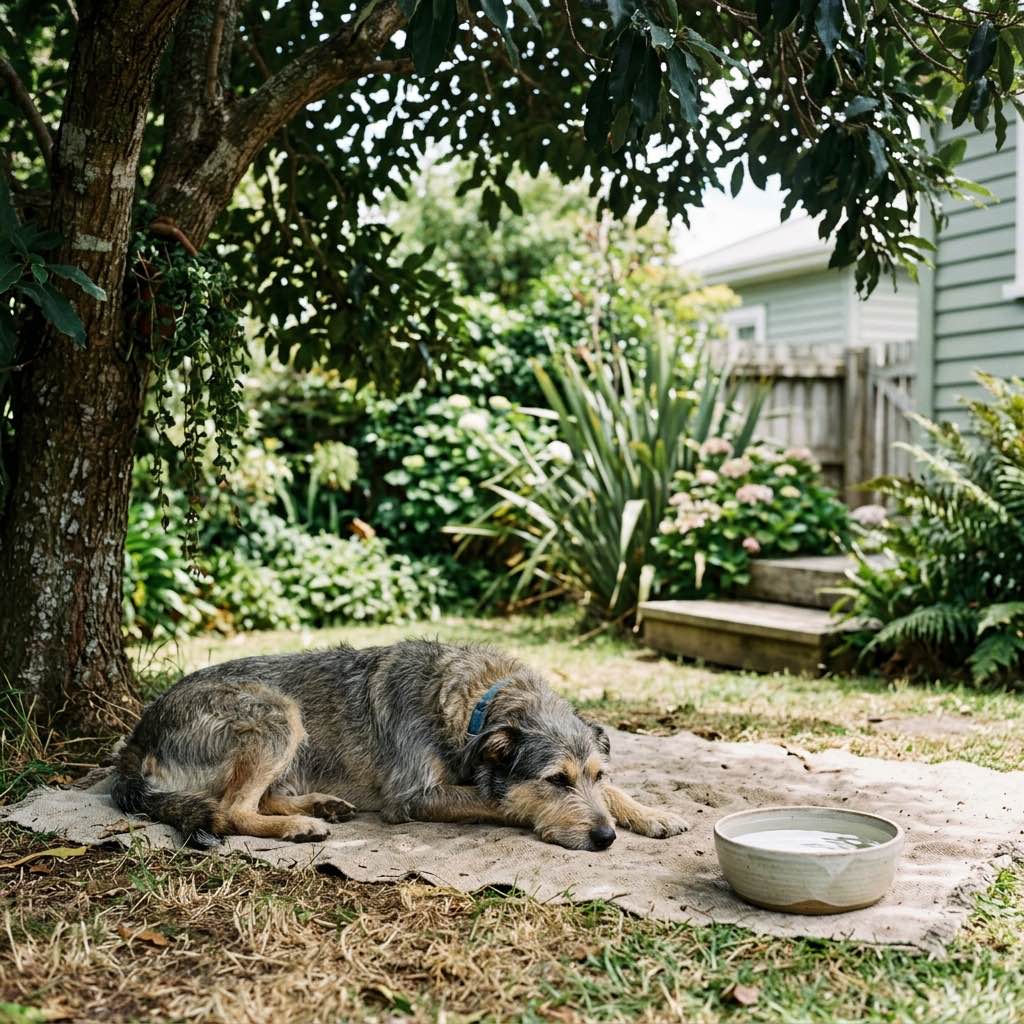 A dog resting under a shady tree in a New Zealand backyard during summer