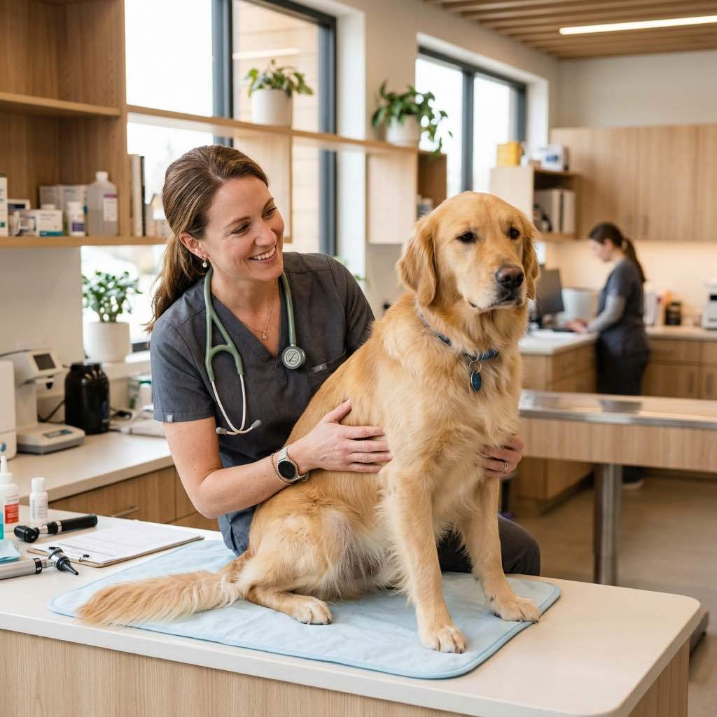 A friendly veterinarian gently examining a calm golden retriever in a modern clinic