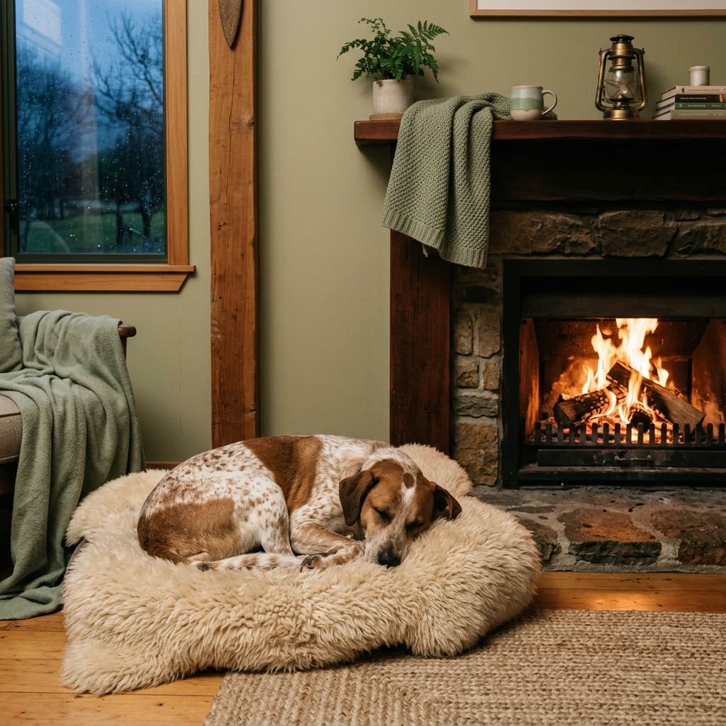 A cozy dog curled up inside on a fluffy bed by a warm glowing fireplace