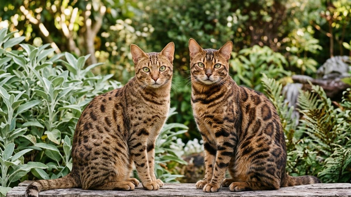A spotted Ocicat and a marbled Bengal cat sitting side-by-side on a rustic wooden bench in a sunny New Zealand garden