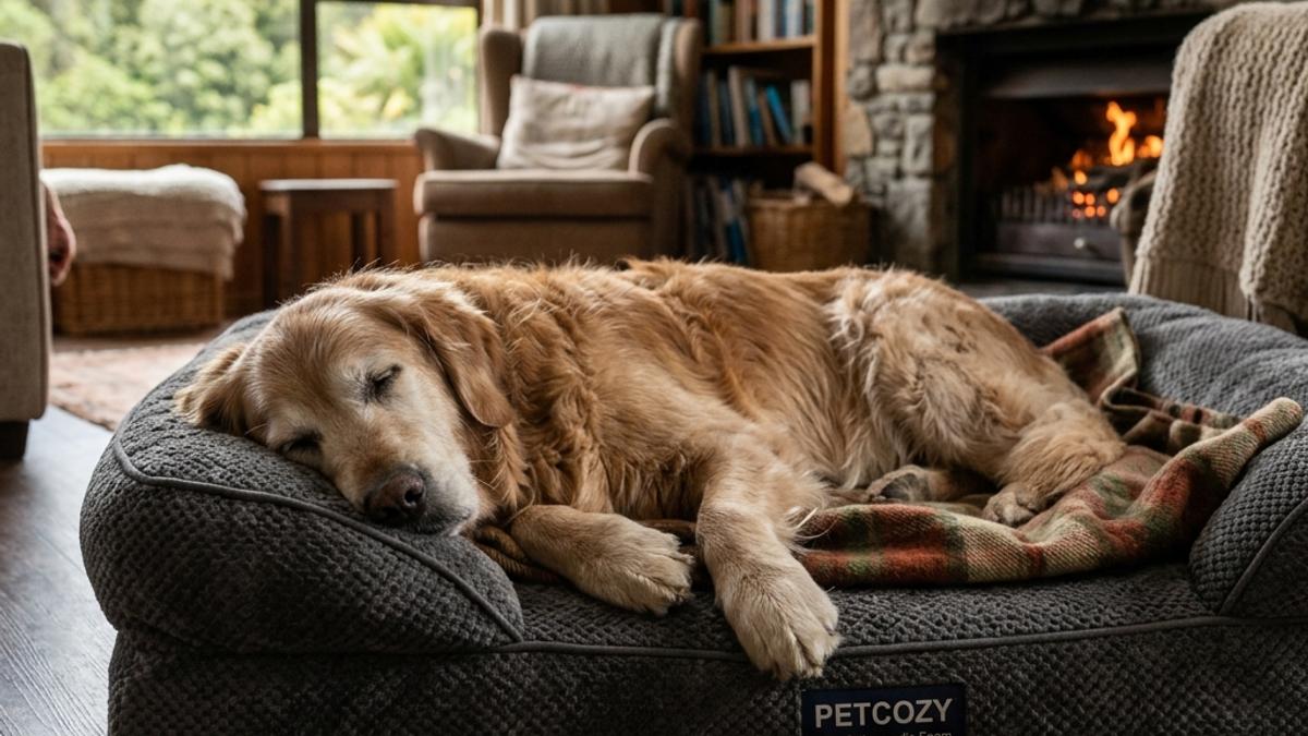 A senior golden retriever sleeping fully relaxed on a thick grey orthopedic memory foam dog bed next to a fireplace