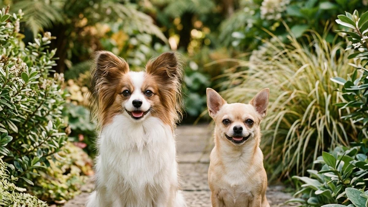 A happy Papillon dog and a Chihuahua side by side in a New Zealand garden environment