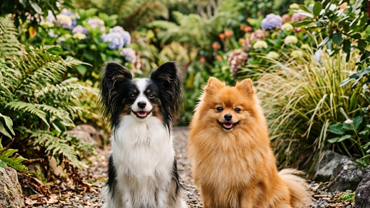 A happy Papillon dog and a Pomeranian side by side in a New Zealand garden setting