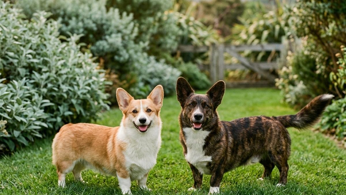 A happy red-and-white Pembroke Welsh Corgi and a brindle Cardigan Welsh Corgi standing side-by-side in a beautiful New Zealand grassy yard