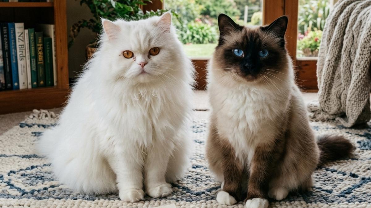 A white Persian and colorpoint Birman cat with blue eyes sitting side by side on a rug next to a card