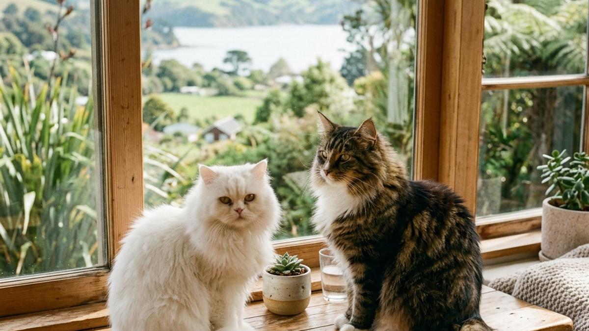 A fluffy Persian cat and a Norwegian Forest Cat sitting companionably on a wooden window sill in a sunlit New Zealand home